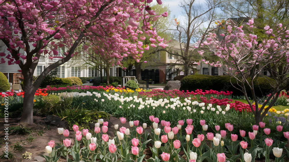 A spring garden blooming with tulips and cherry blossoms A spring garden blooming with tulips and cherry blossoms