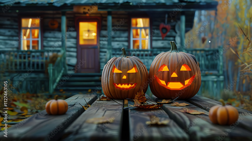 Jack-o'-Lanterns on a Rustic Porch