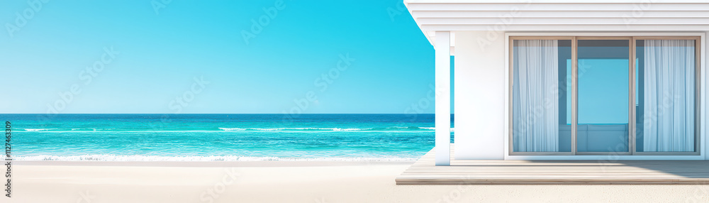 cozy beach house with white walls overlooks serene ocean view, creating tranquil atmosphere cozy beach house with white walls overlooks serene ocean view, creating tranquil atmosphere