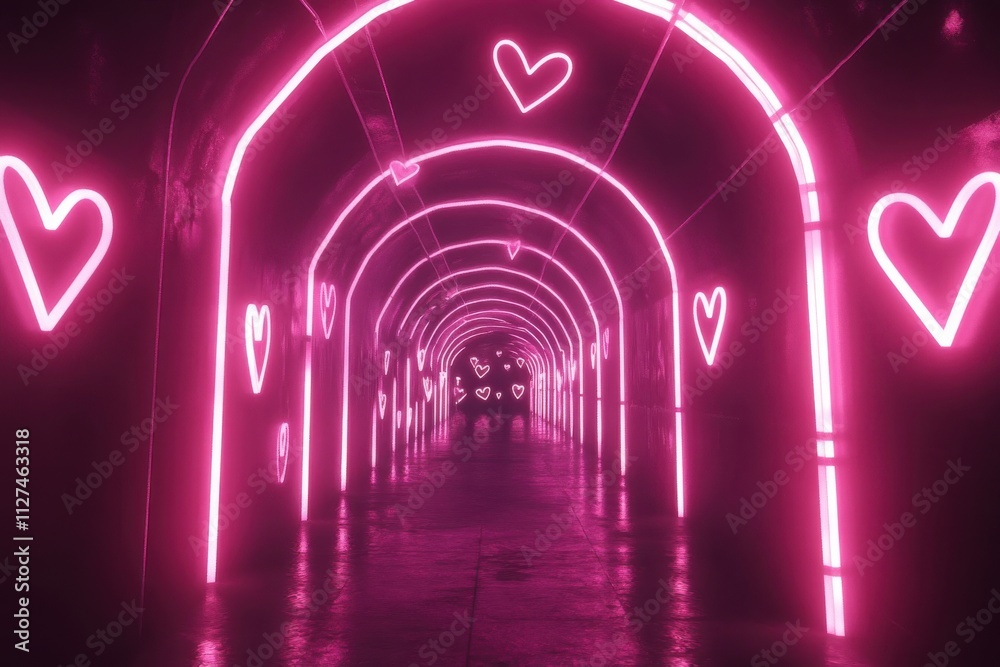 A geometric pink glowing neon hearts tunnel in a seamless loop. A geometric pink glowing neon hearts tunnel in a seamless loop.