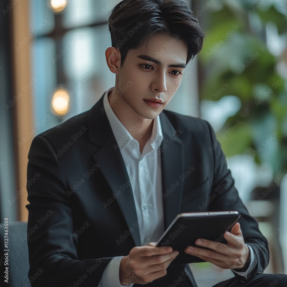 Confident businessman in black suit uses tablet for investments. Confident businessman in black suit uses tablet for investments.