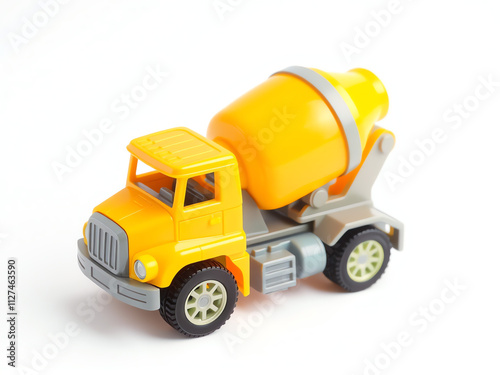 A toy cement mixer truck positioned on a white background, showcasing its vibrant colors and detailed design. photo