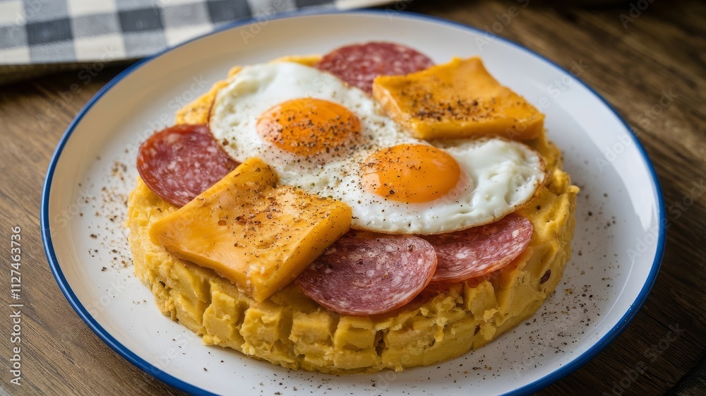Savory Breakfast Platter with Eggs, Salami, and Cheddar. Indulge in a hearty breakfast featuring fluffy eggs, savory salami, and melted cheddar cheese on a golden base, perfect for any morni... Savory Breakfast Platter with Eggs, Salami, and Cheddar. Indulge in a hearty breakfast featuring fluffy eggs, savory salami, and melted cheddar cheese on a golden base, perfect for any morni...