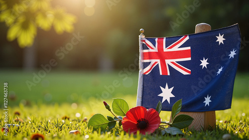 Australian flag in a park with flowers and sunlight photo