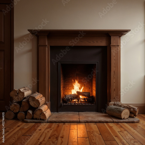 Lit fireplace with stacked firewood on wooden floor