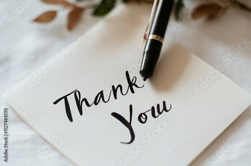 Handwritten thank you note on cream paper with a pen resting nearby in a natural setting photo