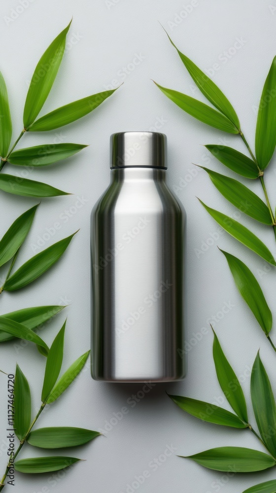 Stainless steel water bottle surrounded by green bamboo leaves on a light background, AI Stainless steel water bottle surrounded by green bamboo leaves on a light background, AI