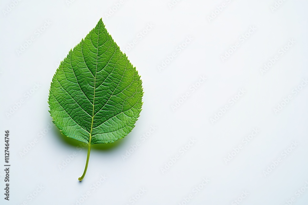 Fototapeta premium single green leaf lying on pristine white background symbolizing simplicity and sustainability