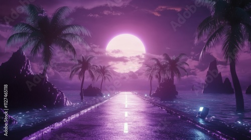 Vibrant sunset over a tranquil road through palm trees with a purple sky