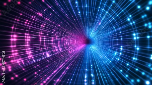 Abstract neon blue and pink laser grid tunnel background