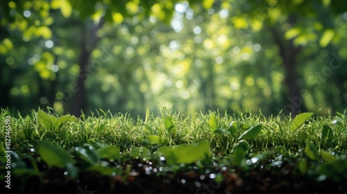 Lush green grass and small plants in a sunlit forest during early morning