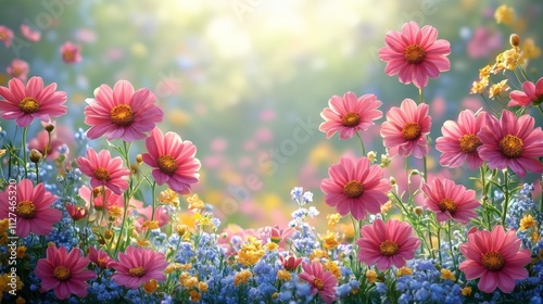Vibrant garden filled with colorful flowers during a sunny spring afternoon