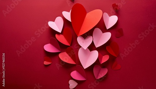 bunch of cut out of pink and red paper hearts on red background