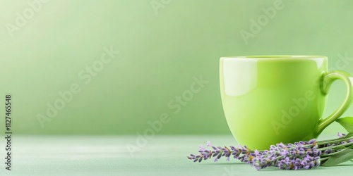 Green ceramic mug with lavender flowers on a pastel green background, creating a serene and calming atmosphere, AI