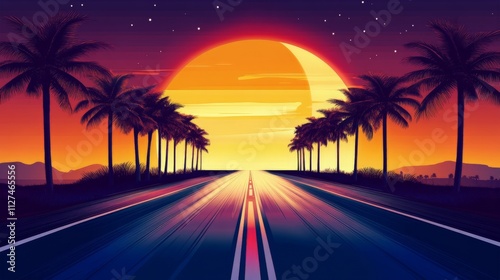 Vibrant sunset over a tropical road lined with palm trees