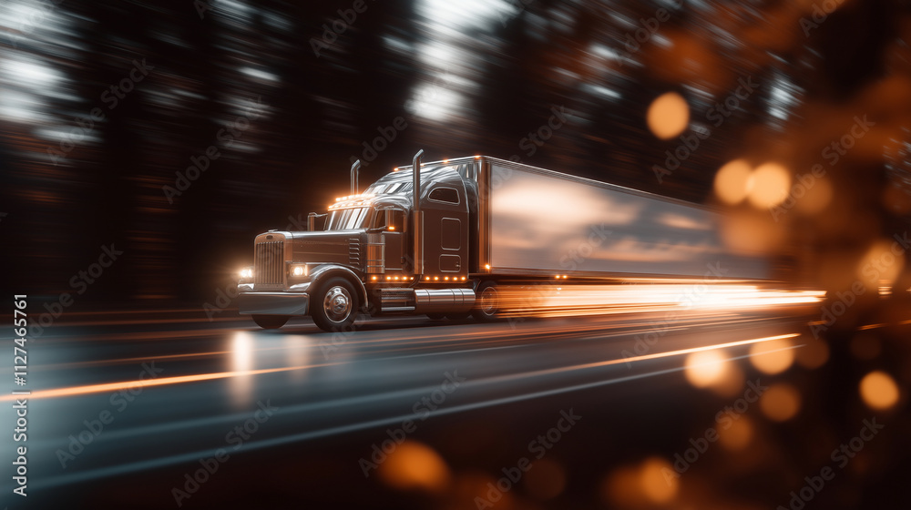 Truck leaves traces, light trails of its headlights, shot from above with evening light Truck leaves traces, light trails of its headlights, shot from above with evening light