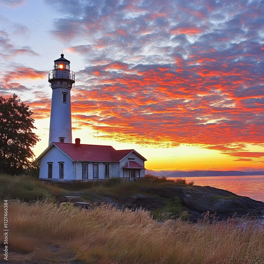 Historic lighthouse on Vancouver Island BC at sunset Historic lighthouse on Vancouver Island BC at sunset