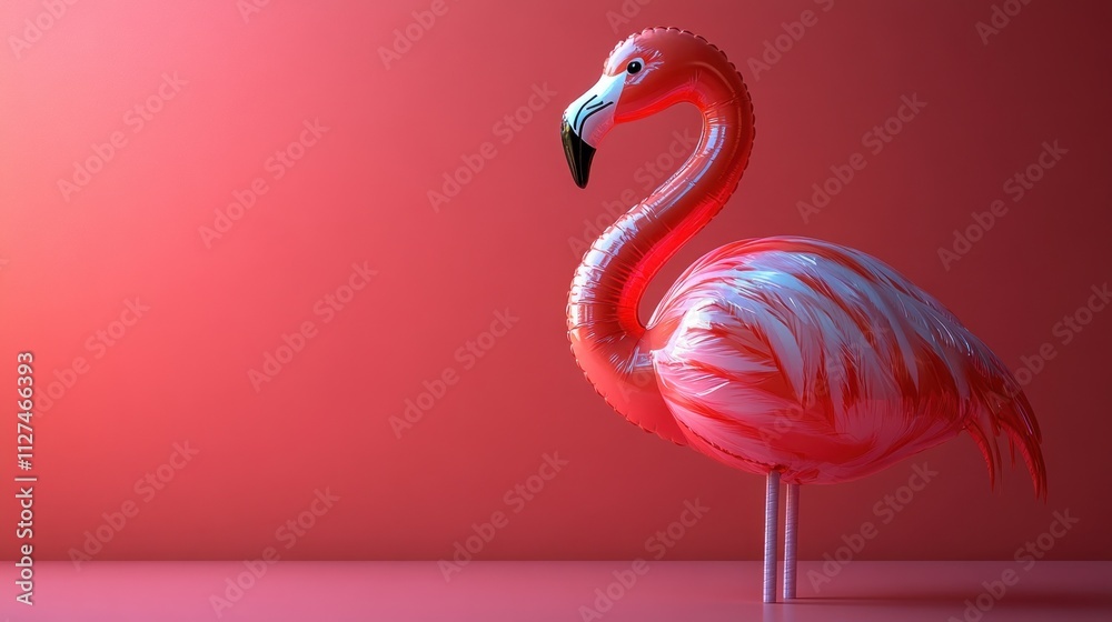 Fototapeta premium Pink inflatable flamingo against coral background.
