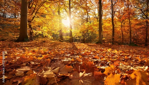 close up of woodland ground covered in golden autumn leaves fall themed nature background photo