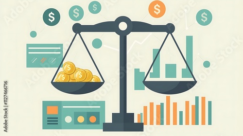 Financial balance scales showing investment profits and losses with charts and graphs.