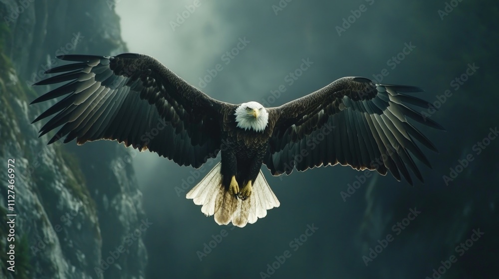 Obraz premium Majestic bald eagle in flight, wings spread wide.