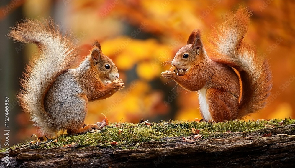 Obraz premium two adorable squirrels in colorful orange autumn forest two squirrels are in the forest and one of them is eating nuts fall season cute wildlife