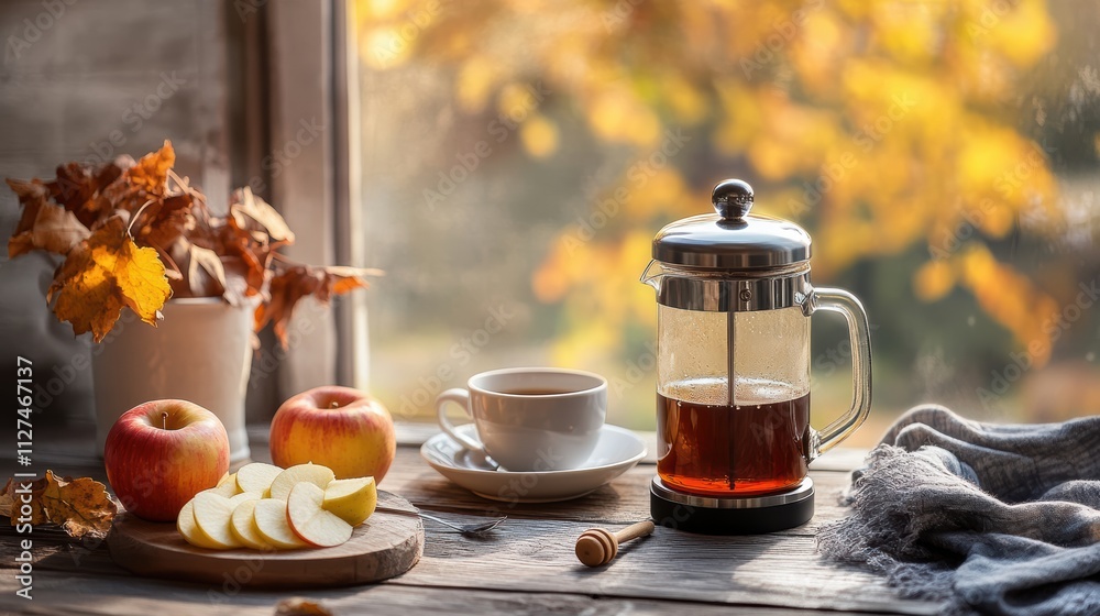 Cozy autumn morning with french press coffee and fresh apples by the window Cozy autumn morning with french press coffee and fresh apples by the window