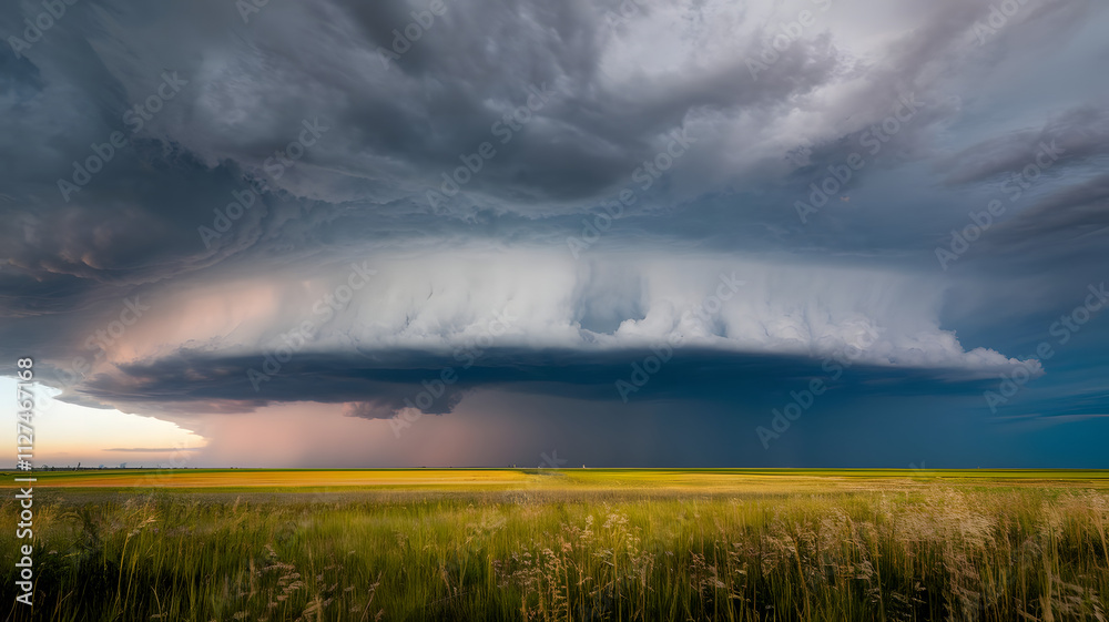 A thunderstorm rolling over a flat plain, with lightning illuminating the clouds A thunderstorm rolling over a flat plain, with lightning illuminating the clouds