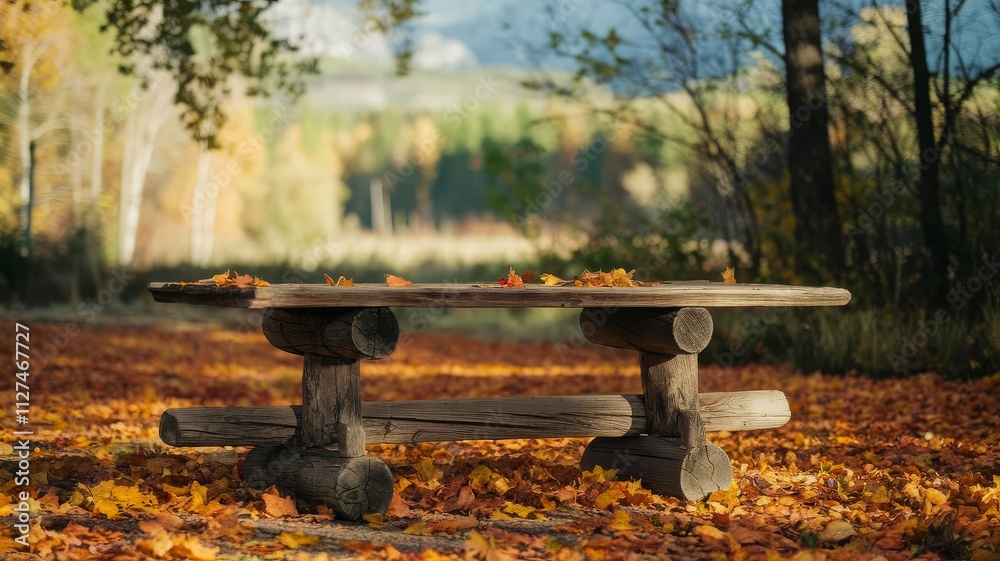Autumn Serenity: Wooden Table Surrounded by Colorful Fallen Leaves. A rustic wooden table sits amidst a beautiful autumn landscape, surrounded by vibrant fallen leaves and serene nature. Autumn Serenity: Wooden Table Surrounded by Colorful Fallen Leaves. A rustic wooden table sits amidst a beautiful autumn landscape, surrounded by vibrant fallen leaves and serene nature.
