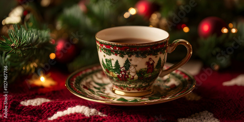 Warm cup of cocoa with a Christmas-themed saucer, creating a festive and cozy vibe