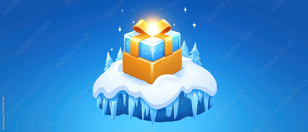 Obraz premium vibrant mystery box with golden ribbon sits on snowy platform, surrounded by icy trees, evoking sense of wonder and excitement