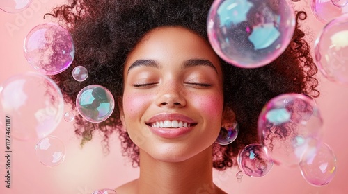 Smiling woman with colorful soap bubbles on pastel background