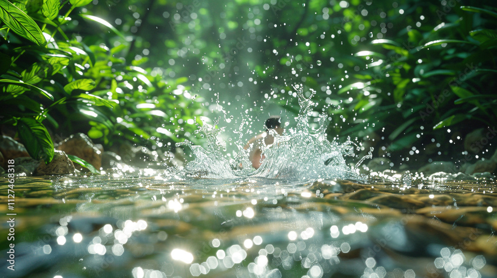 Fototapeta premium Man Cooling Off in Refreshing River Stream