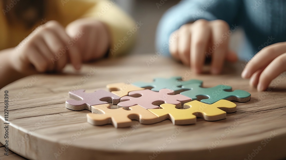 A group of kids enjoying a puzzlesolving activity on a round table, with vibrant primary colors and warm indoor lighting in a modern classroom A group of kids enjoying a puzzlesolving activity on a round table, with vibrant primary colors and warm indoor lighting in a modern classroom