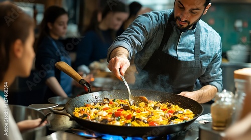 Chef cooking paella, students watching.