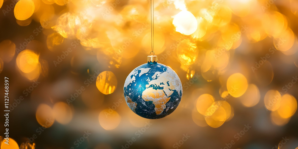 World-themed Christmas ornament hanging against a golden bokeh backdrop, symbolizing global unity and festive celebrations World-themed Christmas ornament hanging against a golden bokeh backdrop, symbolizing global unity and festive celebrations