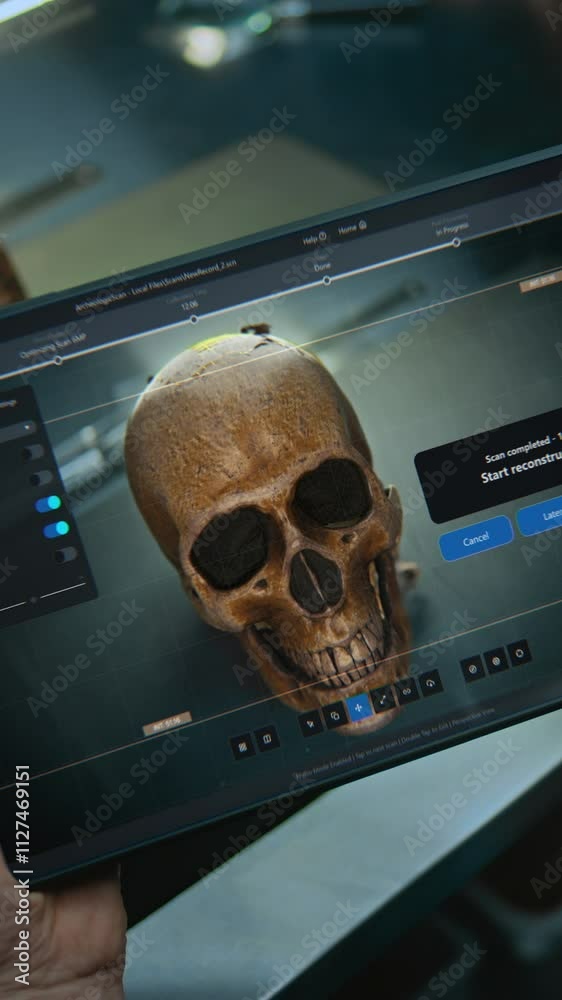 Vertical shot Archaeologist studies ancient human anatomy using tablet computer. Screen shows user interface, process of scanning fossil skull through camera in 3D modeling software. VFX Vertical shot Archaeologist studies ancient human anatomy using tablet computer. Screen shows user interface, process of scanning fossil skull through camera in 3D modeling software. VFX
