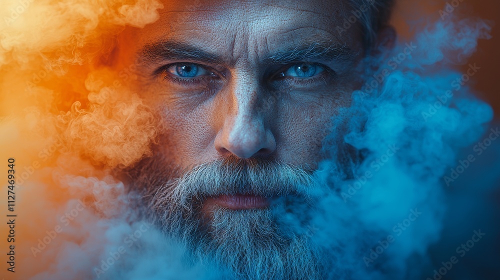 Close-up portrait of man with orange and blue smoke Close-up portrait of man with orange and blue smoke