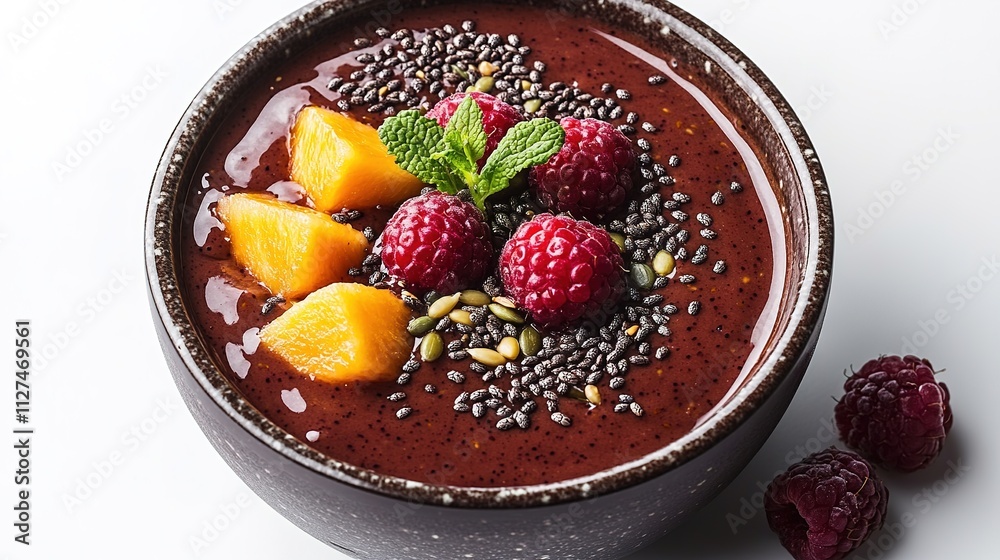 top view of bowl of vibrant acai smoothie topped with fresh fruit and seeds symbolizing healthy food culture top view of bowl of vibrant acai smoothie topped with fresh fruit and seeds symbolizing healthy food culture