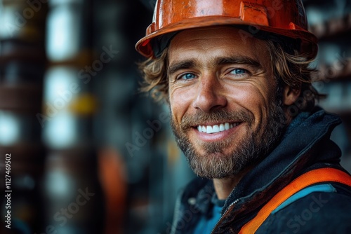 A construction worker in a hard hat standing confidently at a building site. A bold and professional image for the construction industry