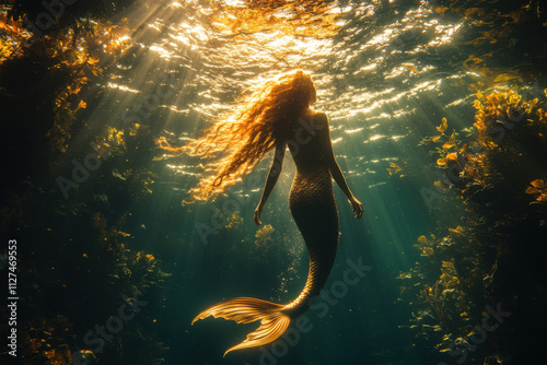 Wallpaper Mural A fantasy scene of a young mermaid gracefully swimming underwater. A magical and enchanting depiction of the ocean world Torontodigital.ca