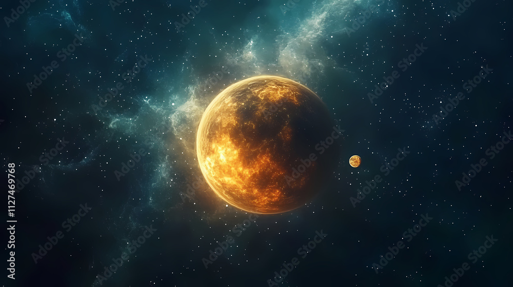 Obraz premium Abstract fractal fantasy light in space. orbital planet, moon, stars, and astronomy. texture lights and color background. geometric nebula. Fractal. Illustration