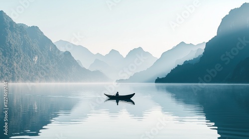 Wallpaper Mural Serene lake with a lone boat amidst misty mountains. Torontodigital.ca