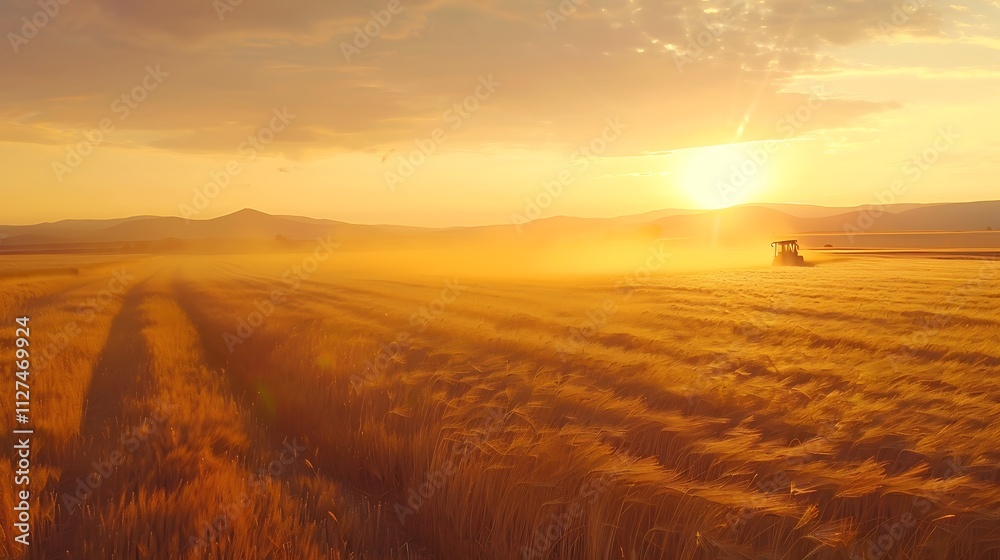 Golden fields of wheat being harvested at sunset with machinery in action, Golden fields of wheat being harvested at sunset with machinery in action,