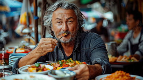 Man Experiencing Exotic Street Food Delight
