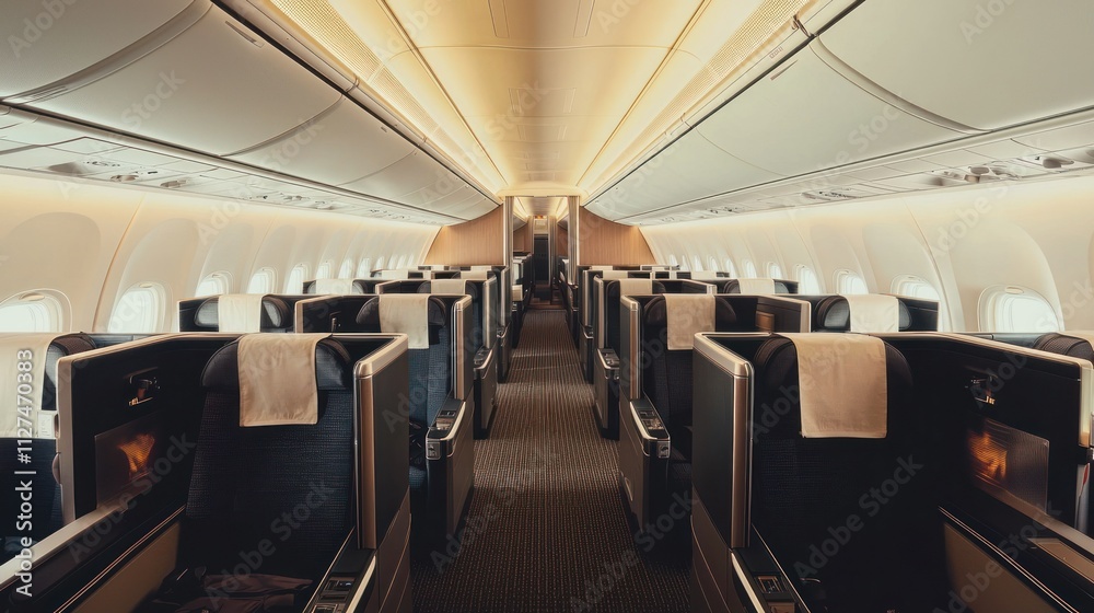 Spacious airplane interior with business class seating. Spacious airplane interior with business class seating.