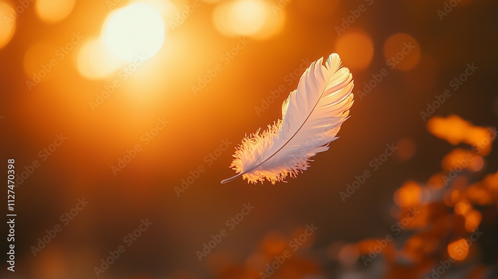 Naklejka premium White feather floats in sunset light.