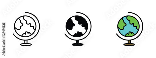 Set of 3 "Globe" icons with 1 line, 1 silhouette n 1 colored icon with an unexpanded vector icon inside - Globe icon featuring world map or spherical representation Earth geography travel locations