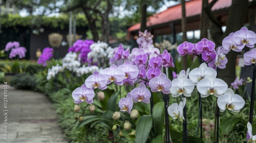 Vibrant Orchid Garden Blooms in Varying Hues. Explore a stunning orchid garden showcasing a beautiful array of purple and white orchids blooming in a serene outdoor setting. Vibrant Orchid Garden Blooms in Varying Hues. Explore a stunning orchid garden showcasing a beautiful array of purple and white orchids blooming in a serene outdoor setting.