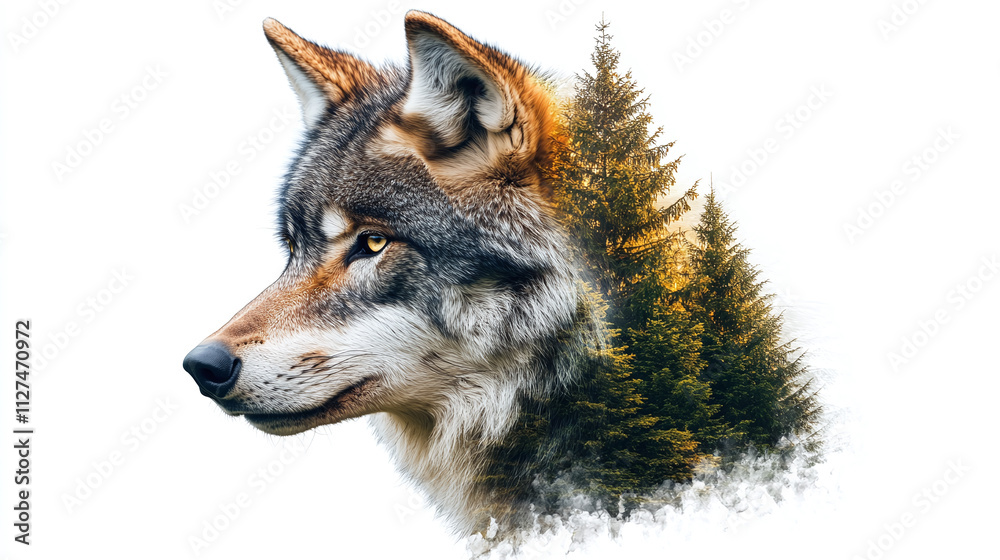 Fototapeta premium Wolf animal double exposure with forest, wildlife beast in nature, predator portrait blended with trees, wild canine silhouette art, adventure mammal illustration print, powerful creature.
